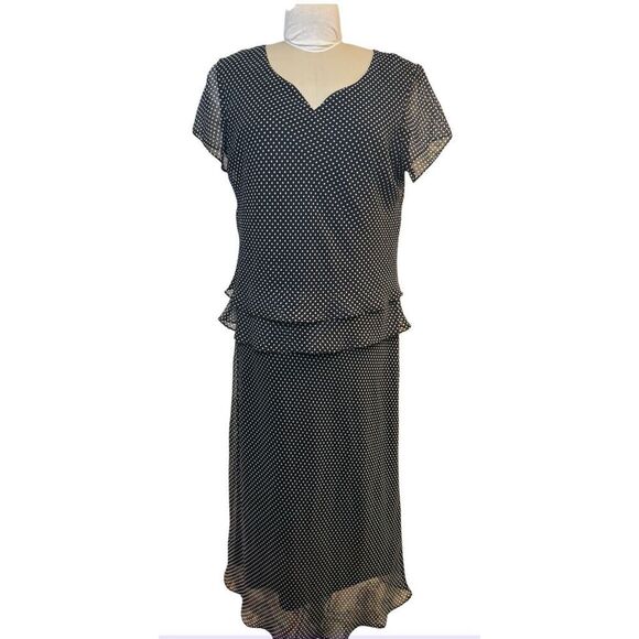 Vintage Midi Dress by JBS Black Polka Dot Sheer Overlay Sz. 16 Peplum V-Neck - Picture 1 of 9